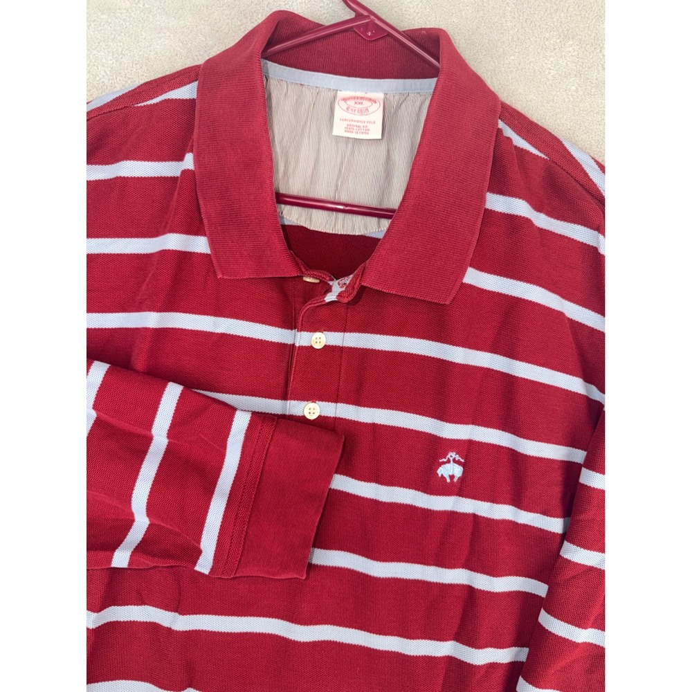 Brooks Brothers Mens XXL Performance Polo Shirt Red White Striped Long Sleeve